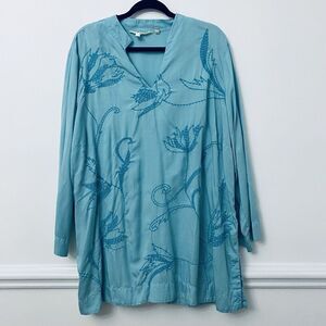 Soft Surroundings Women's Blouse Top Size 2X Blue Floral Embroidered Tunic